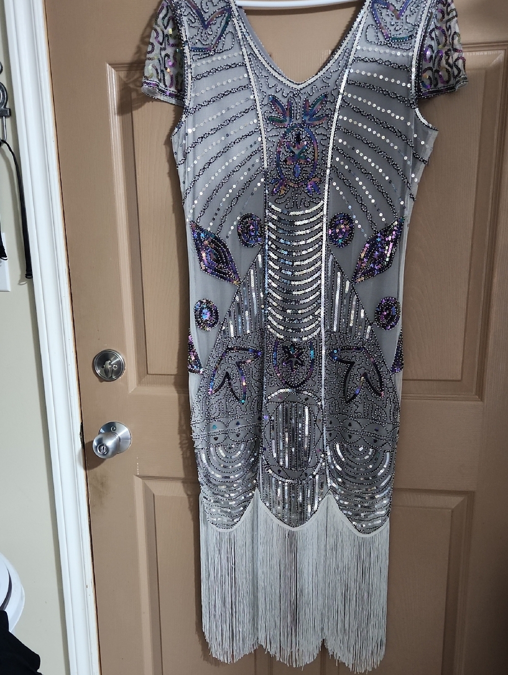Silver Beaded Fringe Evening Dress - Art Deco Inspired